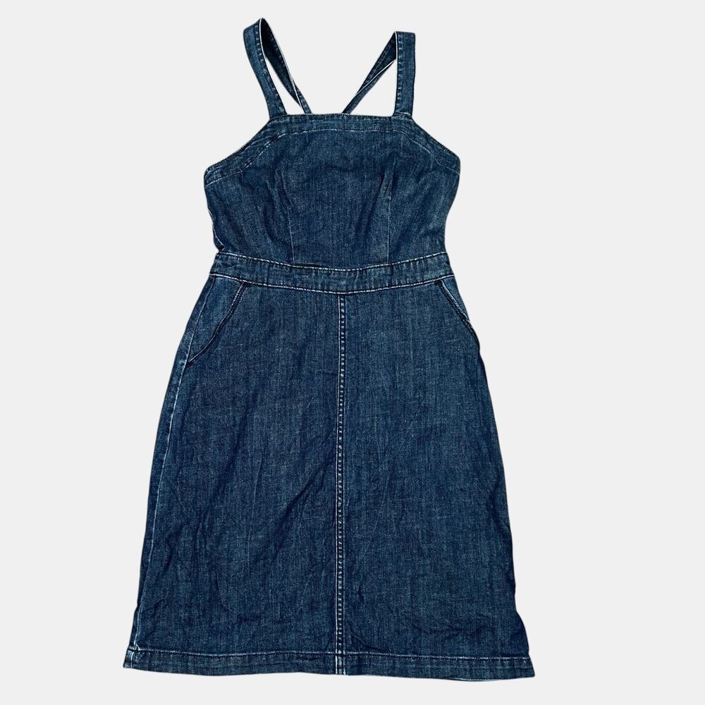 Denim Midi Dress Adjustable Straps‎ Fitted Waist Dark Wash Womens 0/XXS